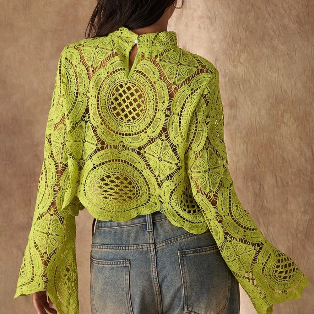 Green Boho Women's Sheer Long Sleeve Blouse with Flower Inlay - Picture 2 of 6